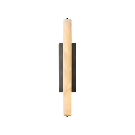 The Selvara LED Medium Alabaster Wall Light features a matte black rectangular backplate and a soft white cylindrical tube, creating warm modern accent lighting—shown here wall-mounted against a white background.
