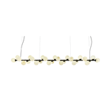 The Axis 27 Light Alabaster Suspension Light in matte black features a sleek horizontal bar with round alabaster shades, suspended by thin wires for striking modern dining room lighting against a crisp white background.