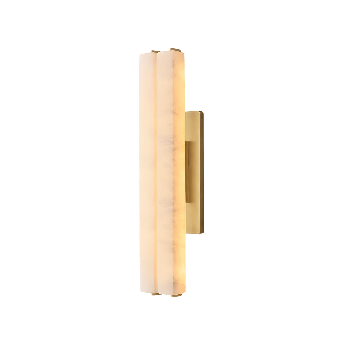 The Selvara LED Medium Alabaster Double Wall Light in Brushed Brass & Soft White features a slim, vertical design and frosted shade, emitting soft, diffused light against a plain white background.