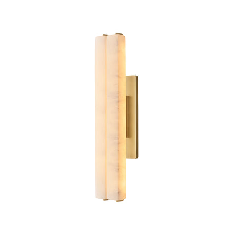 The Selvara LED Medium Alabaster Double Wall Light in Brushed Brass & Soft White features a slim, vertical design and frosted shade, emitting soft, diffused light against a plain white background.