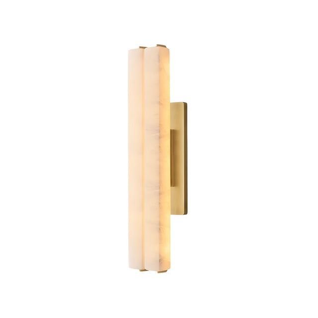 The Selvara LED Medium Alabaster Double Wall Light in Brushed Brass & Soft White features a slim, vertical design and frosted shade, emitting soft, diffused light against a plain white background.