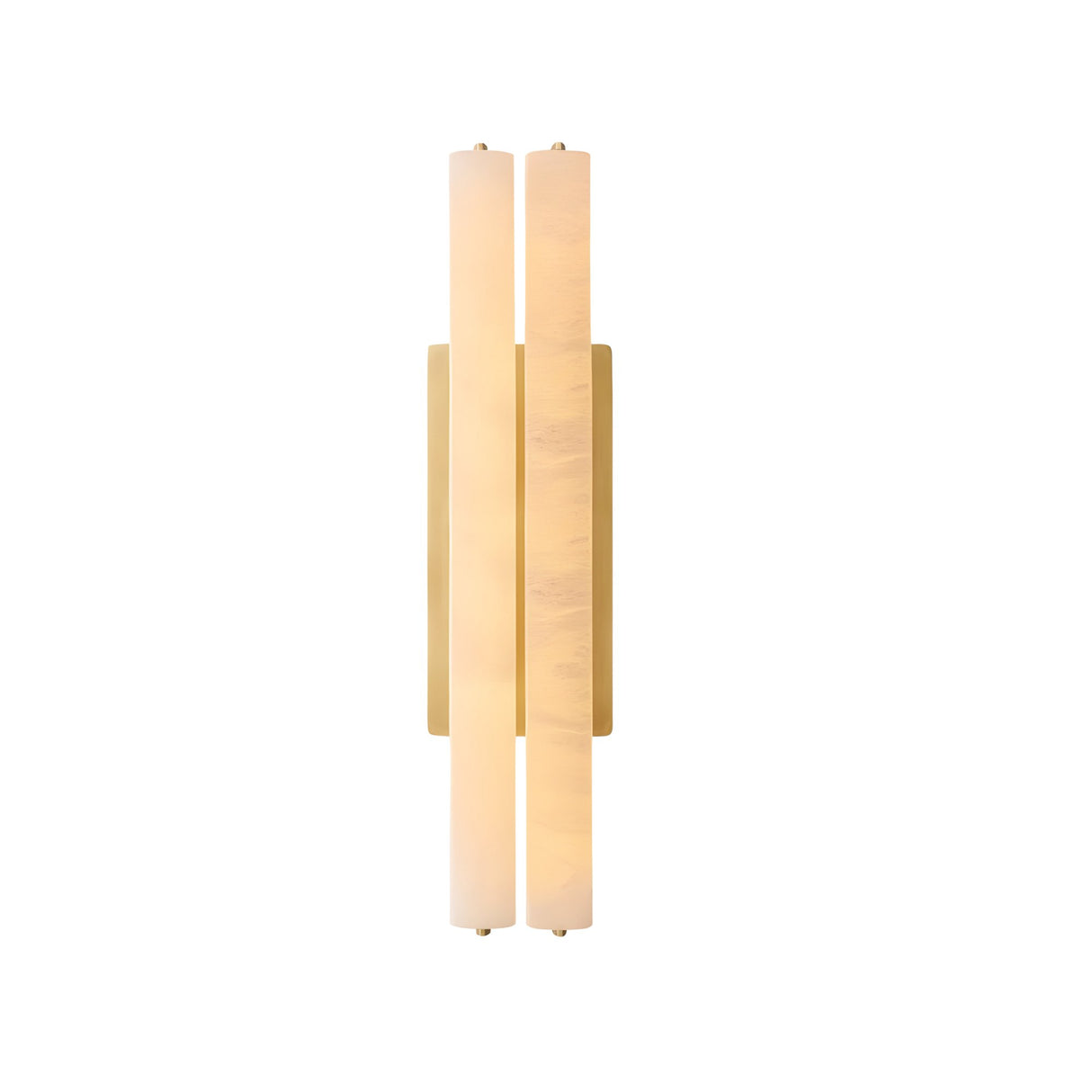 The Selvara LED Medium Alabaster Double Wall Light features two vertical alabaster tubes on a brushed brass backplate, casting a soft glow in elegant white.