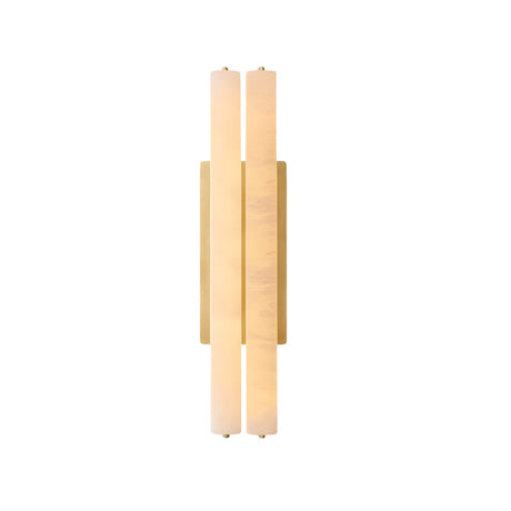 The Selvara LED Medium Alabaster Double Wall Light features two vertical alabaster tubes on a brushed brass backplate, casting a soft glow in elegant white.