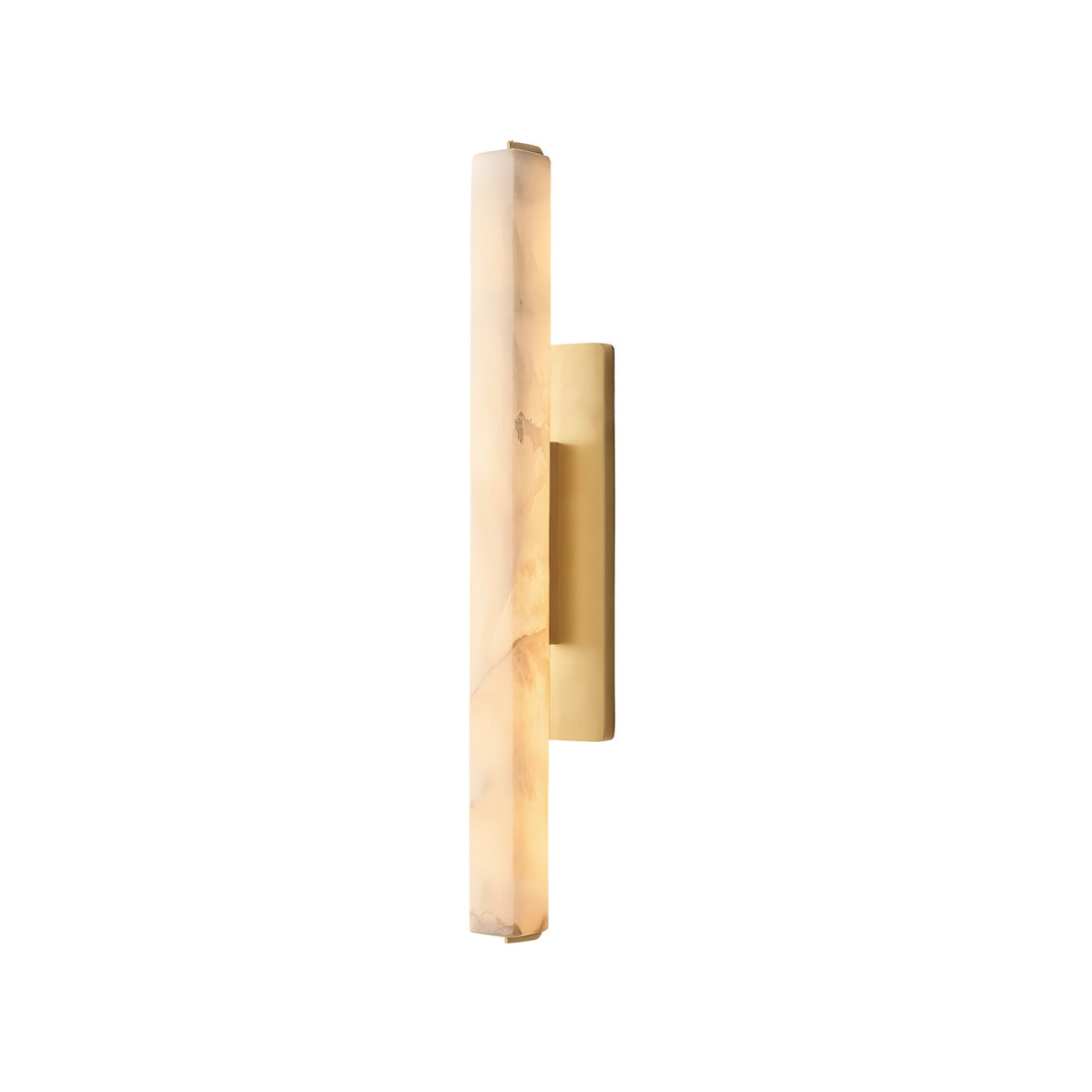Side view of the Selvara LED Medium Alabaster Wall Light, featuring a rectangular soft white alabaster shade and a brushed brass base, displayed against a white background.
