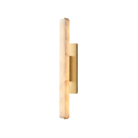 Side view of the Selvara LED Medium Alabaster Wall Light, featuring a rectangular soft white alabaster shade and a brushed brass base, displayed against a white background.