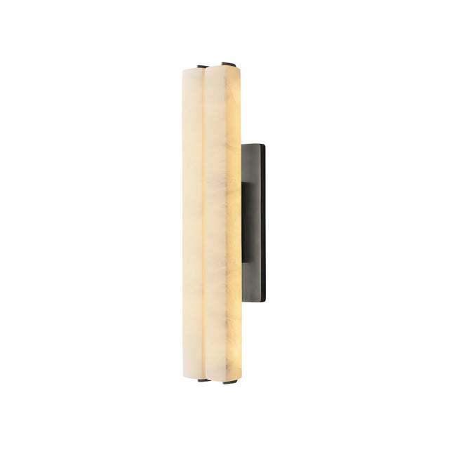 The Selvara LED Medium Alabaster Double Wall Light in Matte Black & Soft White features a vertical, cylindrical design with a frosted diffuser and dark rectangular mount—ideal for elegant modern accent lighting on white walls.