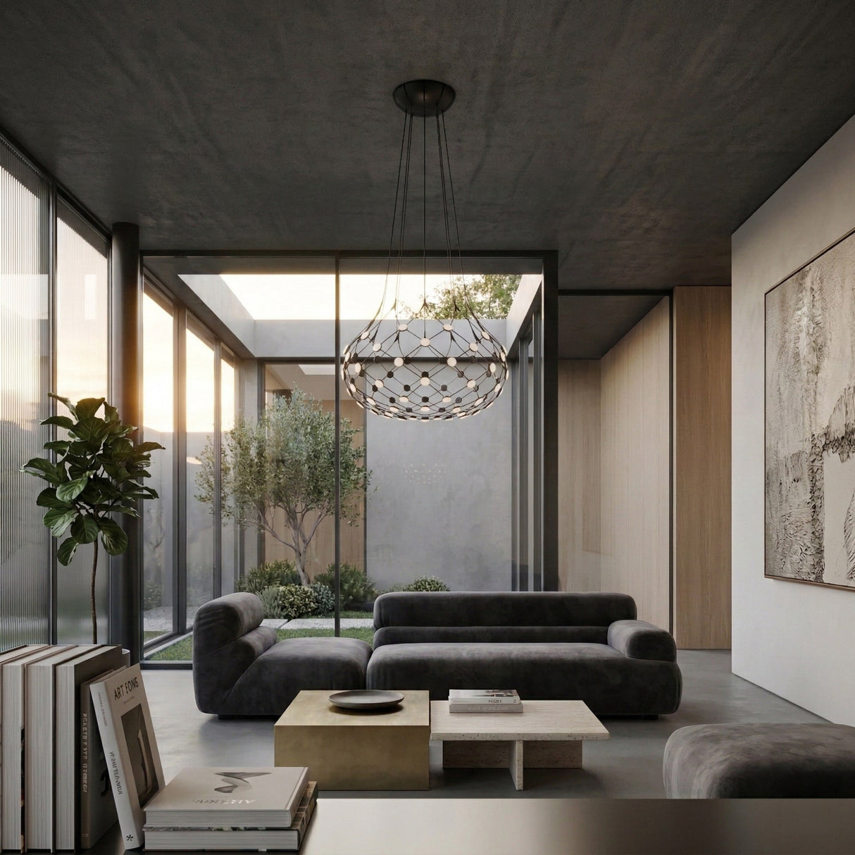 A modern living room with minimalist gray sofas, a square coffee table, large windows overlooking a courtyard with trees, neutral-toned decor, abstract wall art, and the striking Mesh LED Medium Suspension Light - Black as the sculptural chandelier.