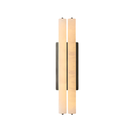 The Selvara LED Medium Alabaster Double Wall Light in Matte Black & Soft White features two vertical frosted glass bars on a rectangular base, casting a warm, soft glow—perfect as modern accent lighting against a white background.
