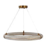 Aureon LED 1m Alabaster Ring Chandelier in brushed brass, a circular alabaster pendant light suspended by three thin cables from a round brass ceiling mount, shown on a plain white background.
