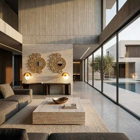 Modern living room with large windows, neutral tones, a gray sectional sofa, stone coffee table, and two decorative mirrors. The Lucia LED Table Lamp in white adds warmth to the airy space with views of a pool and olive tree outside.