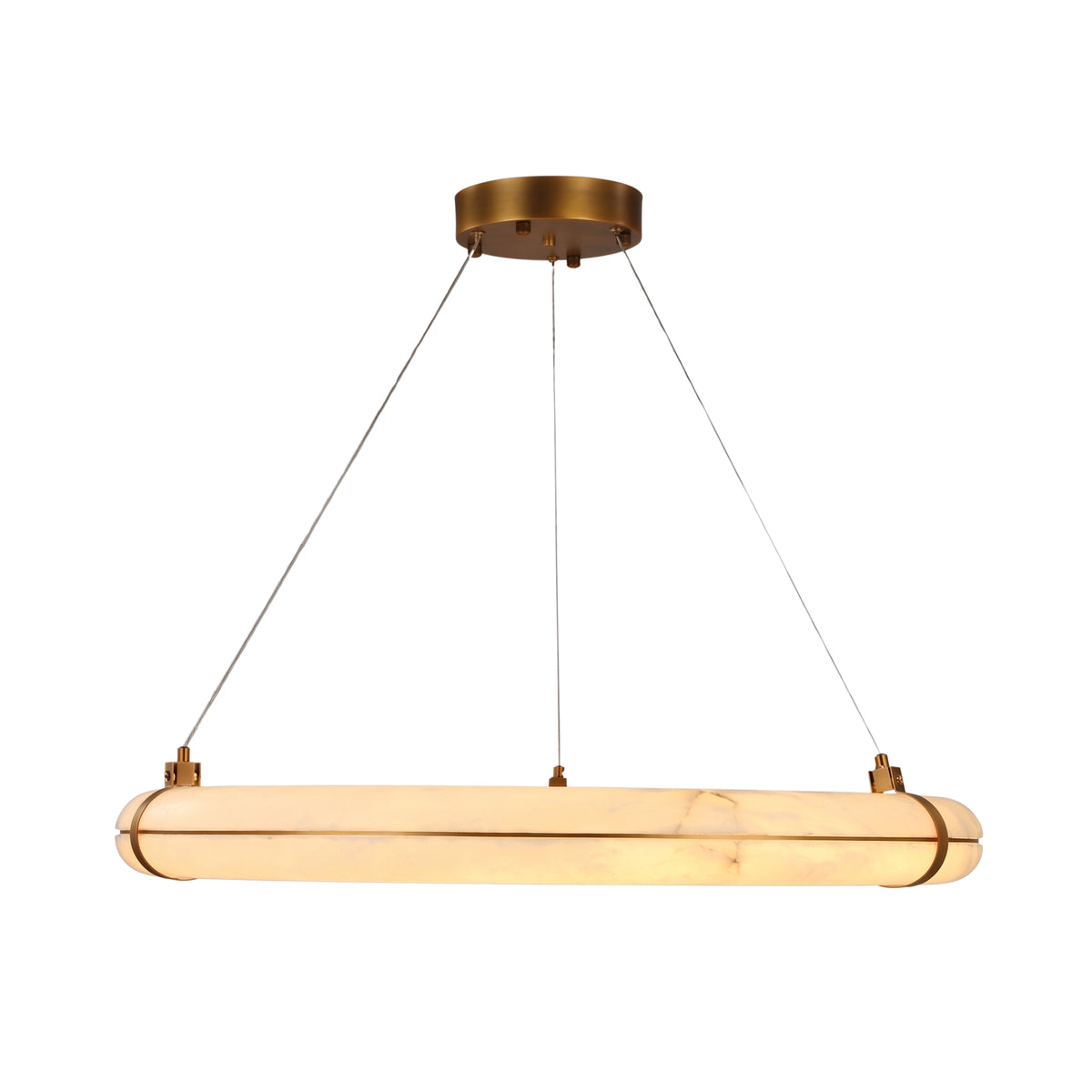 Aureon LED Alabaster Ring Chandelier 800mm in brushed brass, an elongated oval alabaster pendant with brass cradles and cable suspension, shown on a white background.