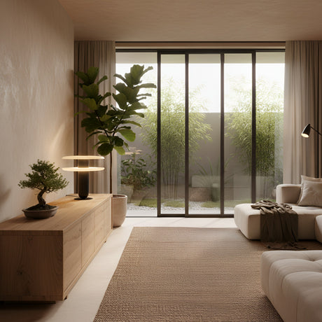 A modern, minimalist living room with neutral tones features a large plant, low wooden sideboard, bonsai, white sofa, and a Luxelle LED Double Tiered Alabaster Table Lamp by floor-to-ceiling glass doors opening to a garden with tall greenery.