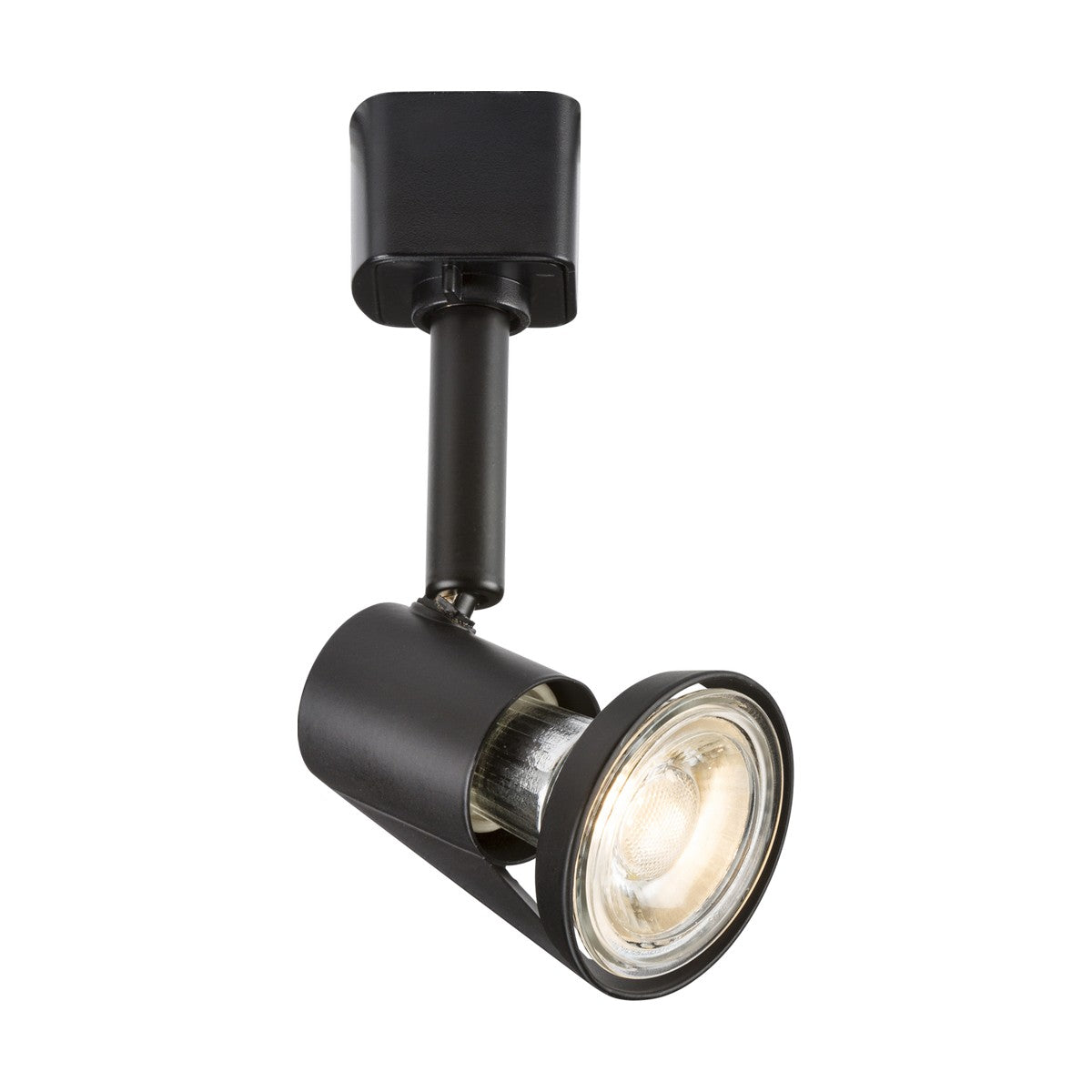 The GU10 Track Spotlight - Black features an adjustable cylindrical lamp head. When turned on, it emits a bright glow from the bulb. This ceiling-installed fixture is also dimmable for customized lighting.