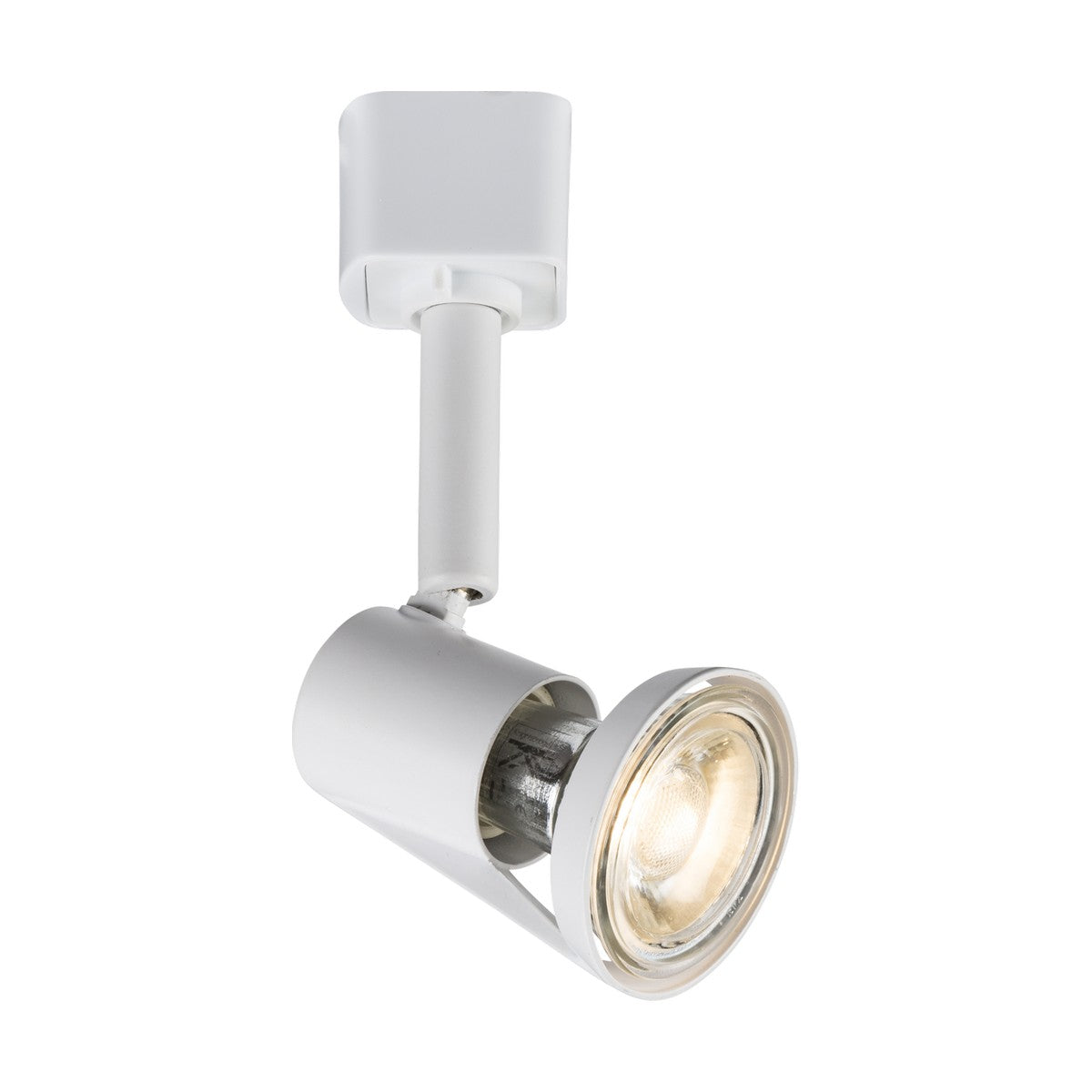 The GU10 Track Spotlight - White features a sleek cylindrical design displayed from the side. This dimmable light is mounted on an adjustable arm attached to a ceiling track, showcasing the bulb within its elegant housing.
