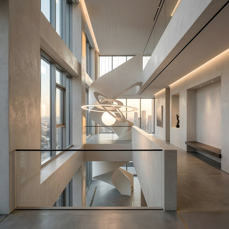 A modern, minimalist interior with high ceilings, matte white walls, and a sculptural spiral staircase features the Universe LED Suspension Light - Matte White. Large windows reveal sunset-lit city buildings while contemporary fixtures add elegance.