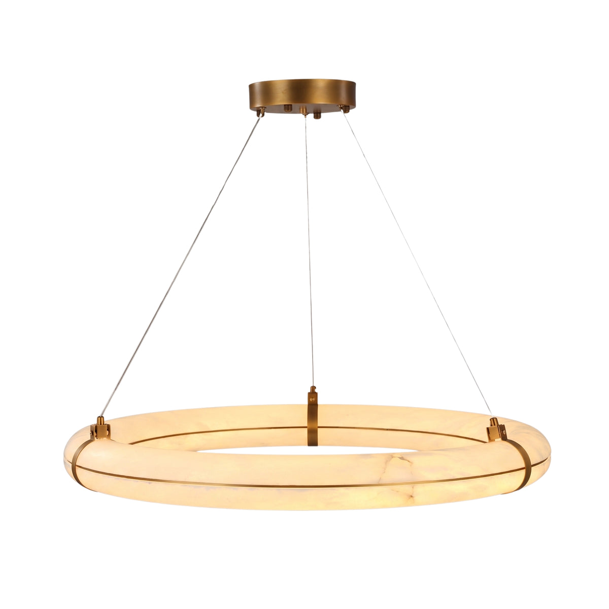Aureon LED Alabaster Ring Chandelier 800mm in Brushed Brass, a circular pendant with a glowing alabaster ring held by brass cradles, suspended on thin cables against a plain white background.