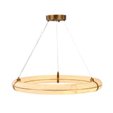 Aureon LED Alabaster Ring Chandelier 800mm in Brushed Brass, a circular pendant with a glowing alabaster ring held by brass cradles, suspended on thin cables against a plain white background.