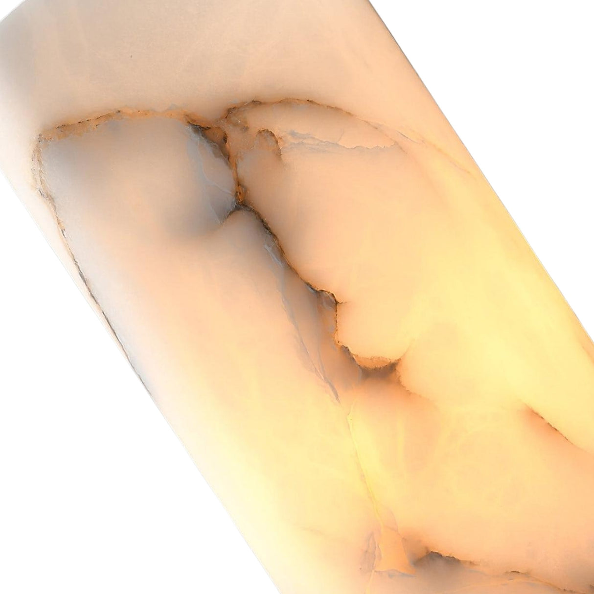 A close-up of the Marvello 1 Light Cylinder Alabaster Wall Light shows its translucent soft white stone with natural veins and warm amber glow, set against a matte black wall plate for an elegant, modern touch.