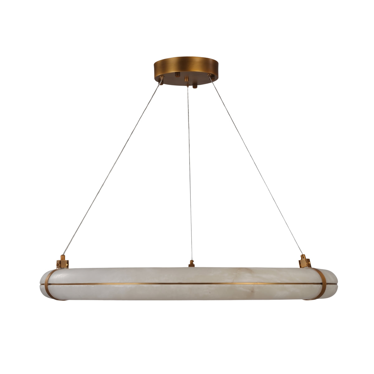 Aureon LED Alabaster Ring Chandelier 800mm in Brushed Brass, an oval pendant light with a natural alabaster ring hung on three cables from a round ceiling plate.