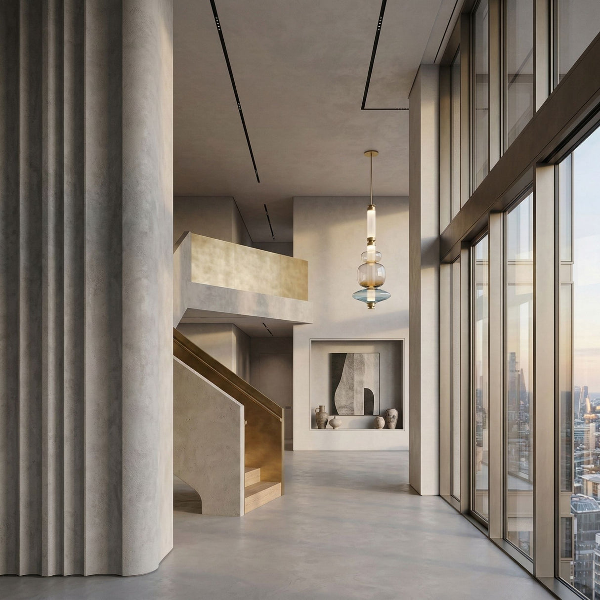 A modern, minimalist interior with a beige staircase, floor-to-ceiling windows with a city skyline view, neutral-toned walls, sculptural decor, and the Luna LED Pendant Light in gold hanging from the ceiling.