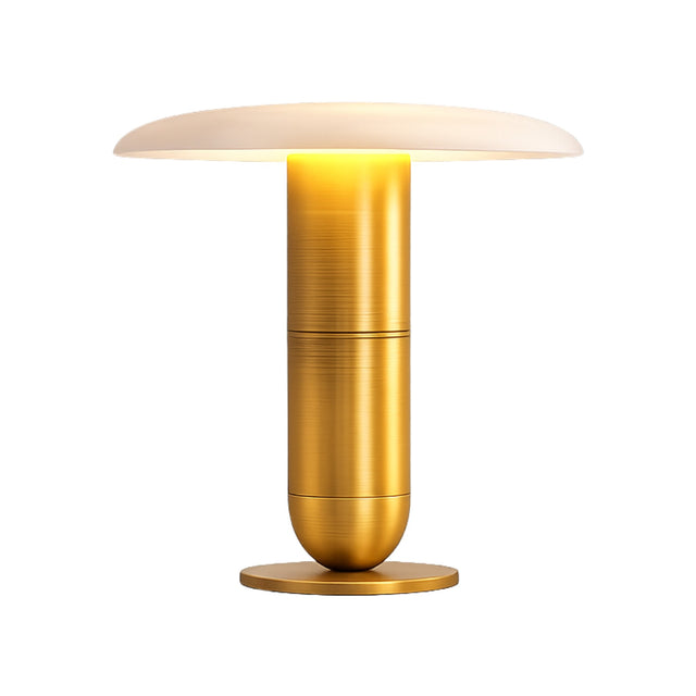 The Luxelle LED Single Tiered Alabaster Disc Table Lamp in soft white and brass brings timeless elegance and modern style to any space.