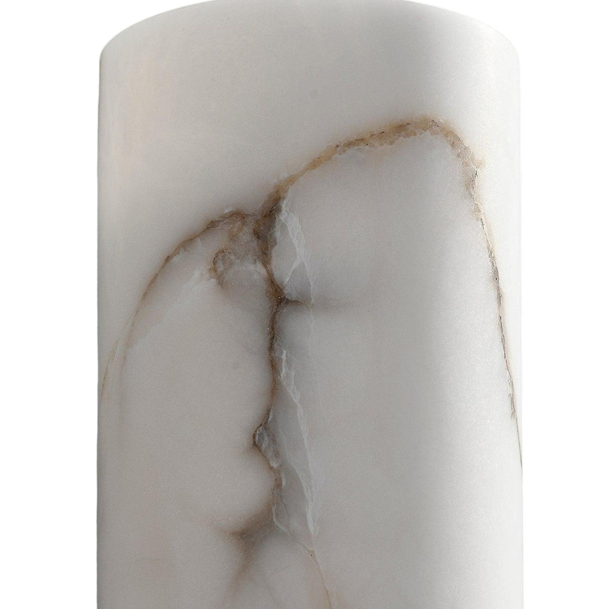 A close-up of the Marvello 1 Light Cylinder Alabaster Wall Light in soft white and matte black, highlighting its smooth Spanish alabaster with light gray and brown veining.