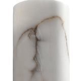 A close-up of the Marvello 1 Light Cylinder Alabaster Wall Light in soft white and matte black, highlighting its smooth Spanish alabaster with light gray and brown veining.