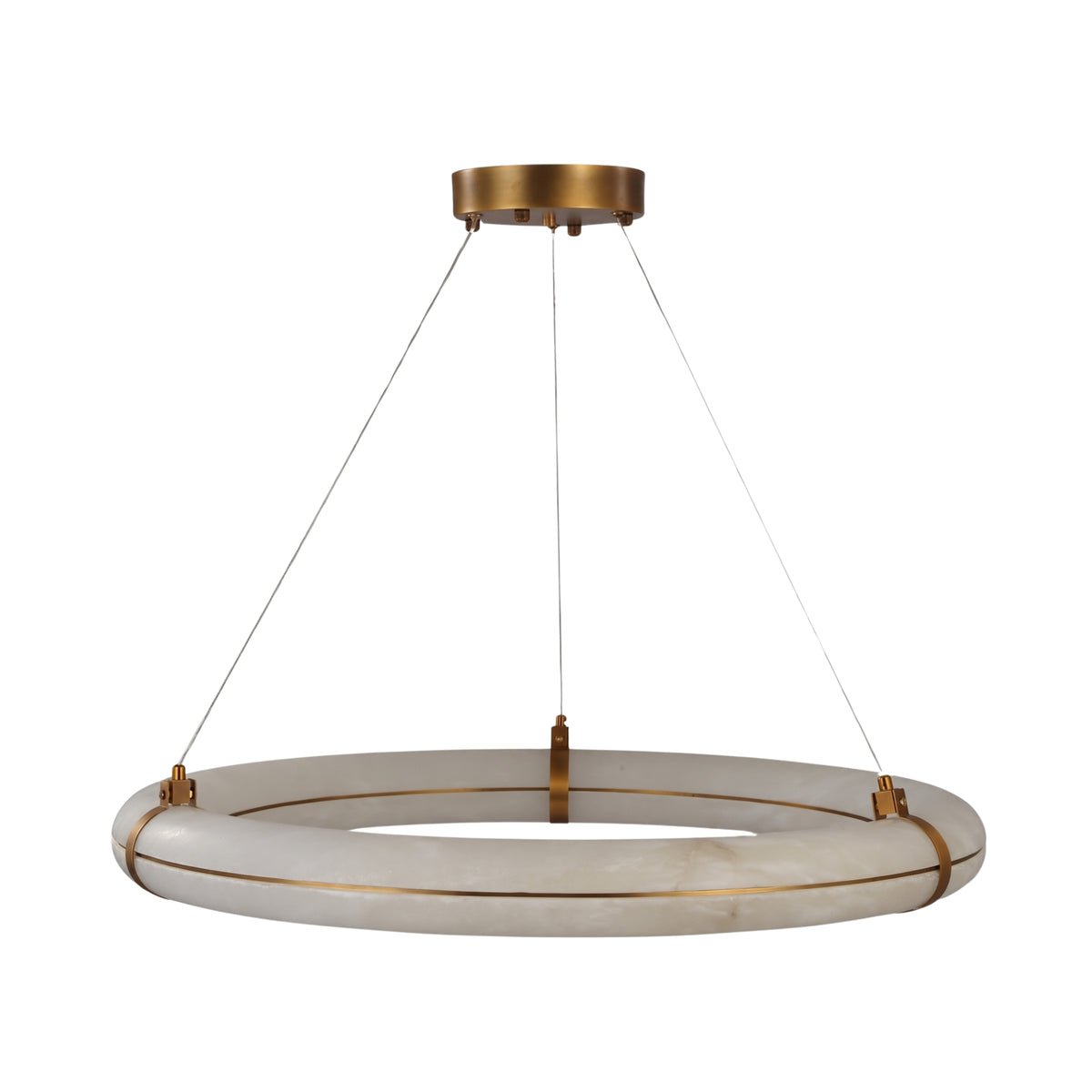 Aureon LED Alabaster Ring Chandelier 800mm, a circular alabaster pendant in brushed brass cradles, suspended on slim cables from a matching ceiling plate.