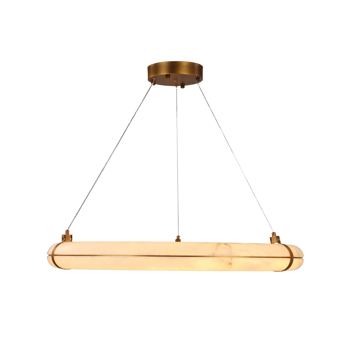 Aureon LED Alabaster Circular Chandelier 600mm in Brushed Brass, a linear ring pendant light suspended on steel cables from a round ceiling canopy, shown lit against a plain white background.