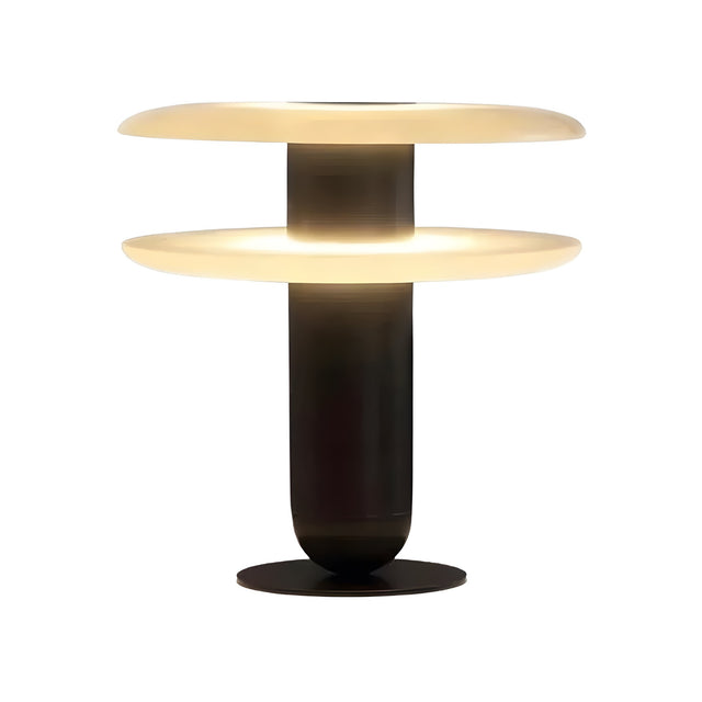 The Luxelle LED Double Tiered Alabaster Table Lamp features a cylindrical black base and two wide, flat circular shades in soft white, stacked one above the other for a modern look and warm illumination.