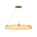 Aureon LED Alabaster Circular Chandelier, a 600mm ring pendant in natural alabaster with brushed brass cradle brackets and cable suspension, shown on a plain white background.
