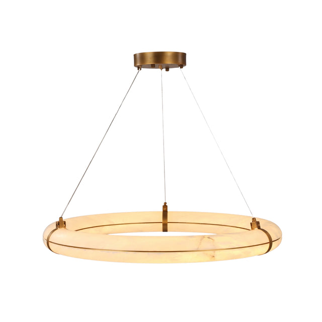 Aureon LED Alabaster Circular Chandelier, a 600mm ring pendant in natural alabaster with brushed brass cradle brackets and cable suspension, shown on a plain white background.