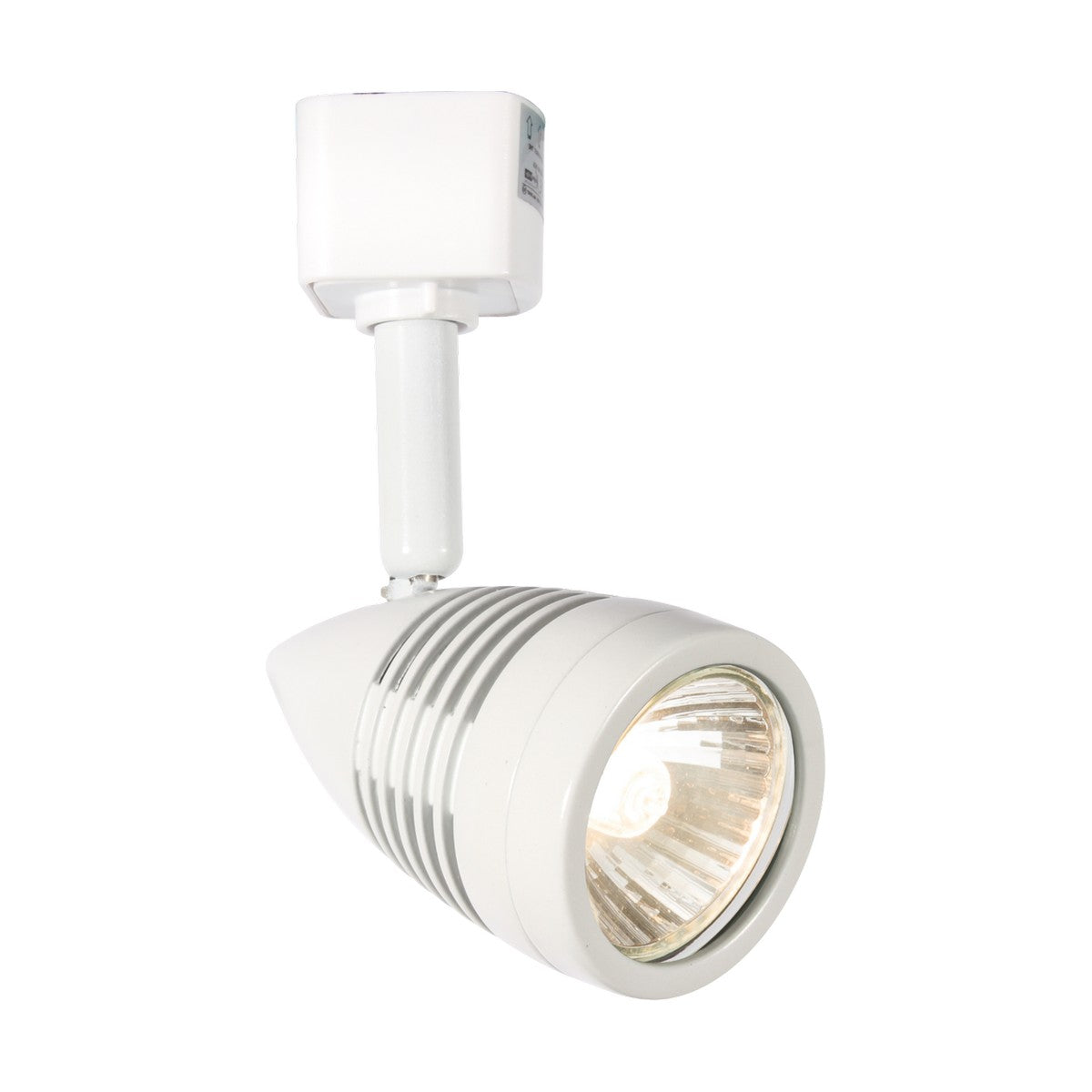 A Conical Track Spotlight in white with a cylindrical, ribbed design is attached to the ceiling mount. The adjustable spotlight is on, casting a warm glow.