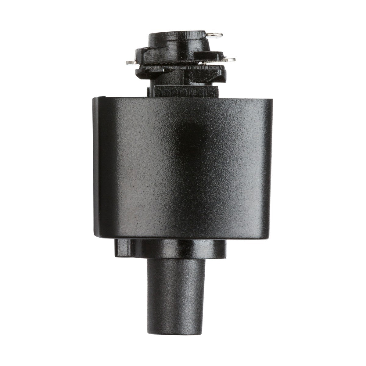 A black Track Adaptor, similar in appearance to an ignition coil from the MLA TRK single track system, is displayed on a white background. This cylindrical device features a wider base and a metallic connector on top, designed to manage energy in systems like the 230V setup, akin to amplifying voltage for spark plugs in automotive engines.