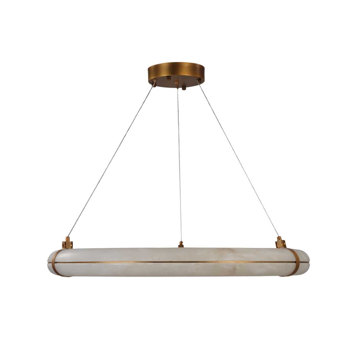 Aureon LED Alabaster Circular Chandelier, 600mm ring pendant in natural white alabaster with brushed brass cradle brackets and cable suspension, shown on a plain white background.