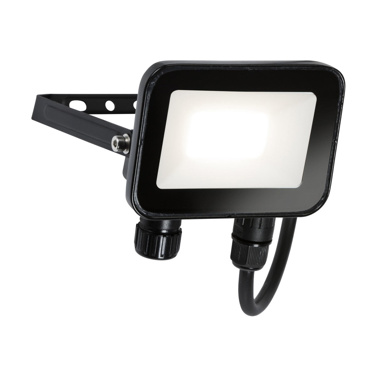 The IP65 10W LED Flood is a sleek black floodlight with a rectangular design and two cable connectors at the bottom. It is mounted on an adjustable bracket with installation holes and shines bright cool white, offering IP65-rated protection.