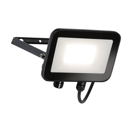 The Outdoor 30W LED Floodlight - 4000K is a black rectangular fixture that includes a cool white illuminated panel and an adjustable mounting bracket. Rated IP65, it is ideal for outdoor applications, featuring an easy-installation cable extending from the bottom.