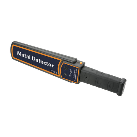 Mercury MDW-01 handheld metal detection security wand in black with orange trim, textured grip handle and control button, shown on a plain white background.