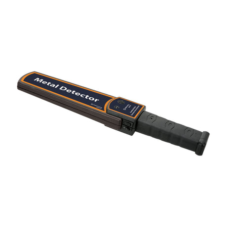 Mercury MDW-01 handheld metal detection security wand in black with orange-trimmed navy label, control button and textured grip, shown on a white background.