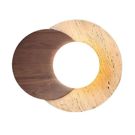 The Zorella 1 Light Disc Travertine Wall Light in Walnut Brown & Light Beige showcases a modern circular design with a walnut semicircle over textured travertine, softly illuminating spaces and adding elegant warmth.