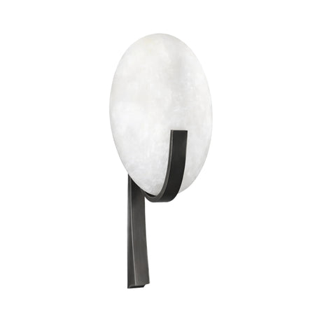 The Caldris 1 Light Disc Alabaster Wall Light in soft white and matte black features a large oval alabaster shade and a curved black metal support, shown against a plain white background.