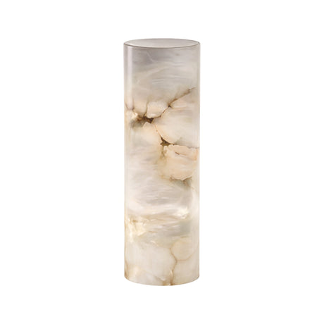The Virelle LED Column Alabaster Table Lamp - Soft White is a tall, cylindrical lamp with a smooth surface and natural beige and white marbled patterns, evoking the look of an elegant column.