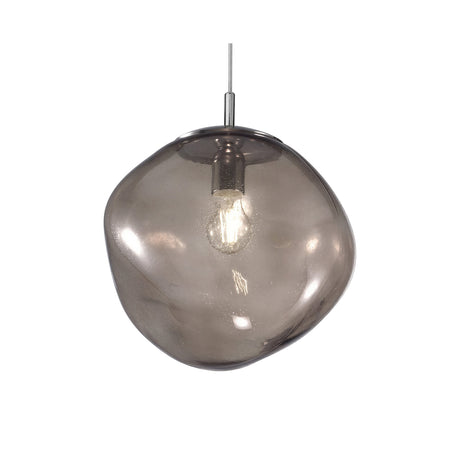 Saxa 15cm Glass Pendant Light with a single organic, pebble-shaped smoked grey glass shade and chrome ceiling mount, shown lit against a plain white background.