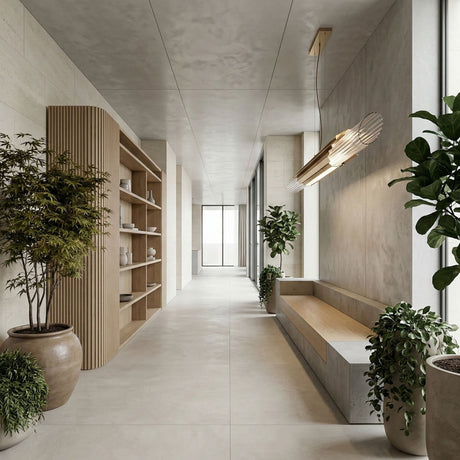 Minimalist hallway with light gray floors and walls, a built-in wooden bench, potted green plants, a wooden bookshelf, and the Angelia Linear Suspension Light in gold. Large windows at the end fill the space with natural light.