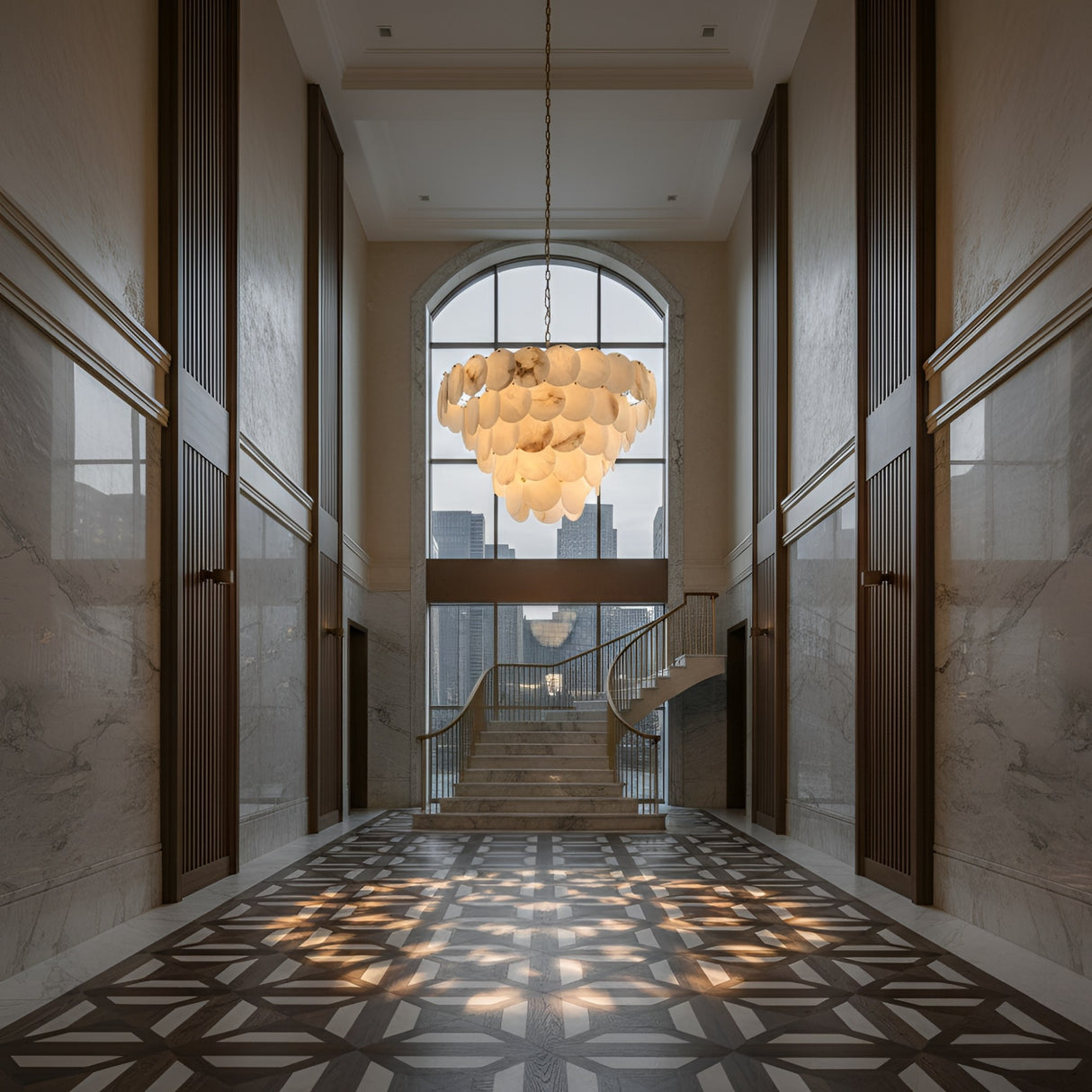 A grand hallway with marble walls, a geometric patterned floor, and the Solyra 21 Light 5 Tier Petal Alabaster Chandelier in soft white. A sweeping staircase curves up to a tall window framing the city skyline.