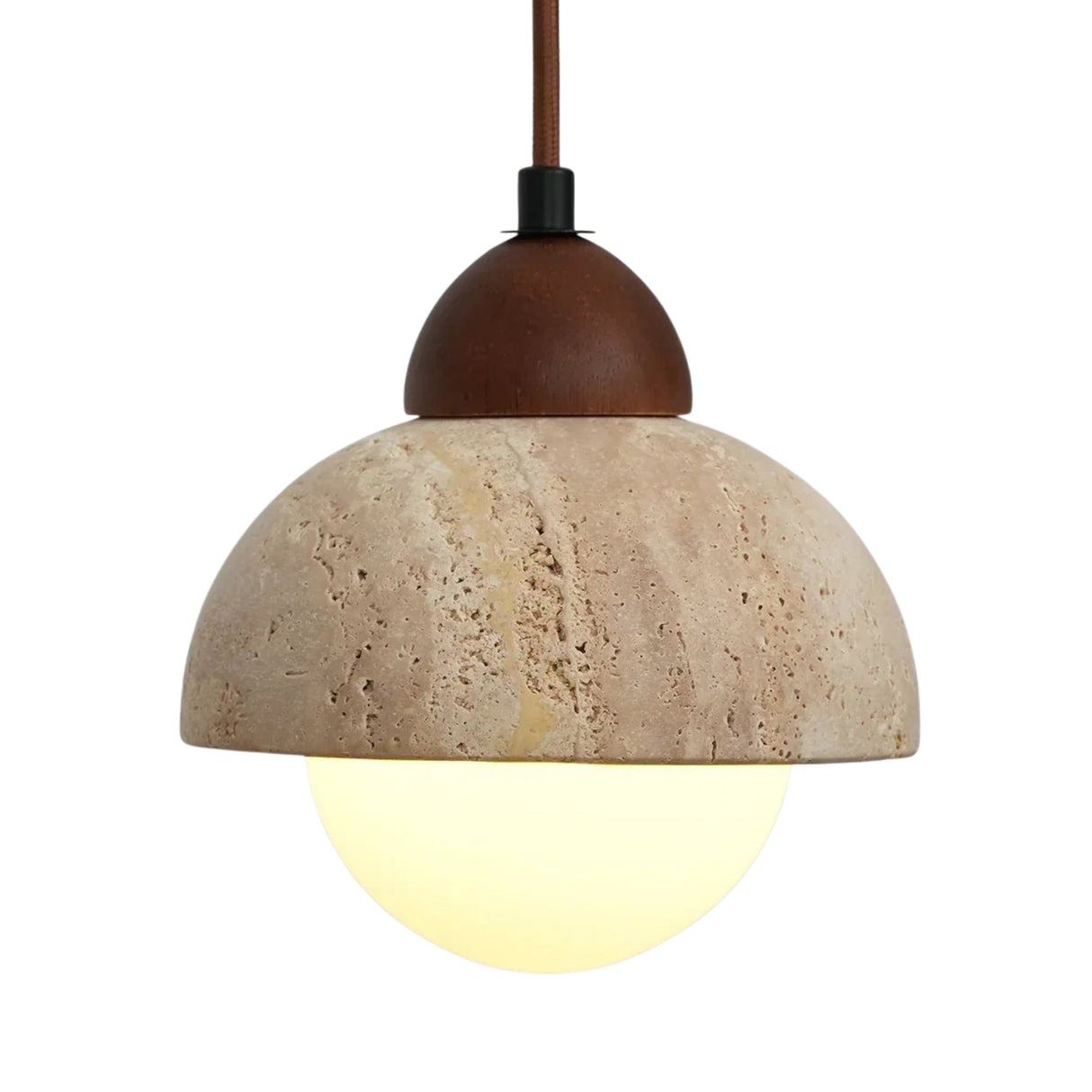 The Belaro 1 Light Dome Travertine Single Pendant Light in Walnut Brown & Light Beige features a textured travertine dome shade and a glowing bulb, suspended by a brown cord.