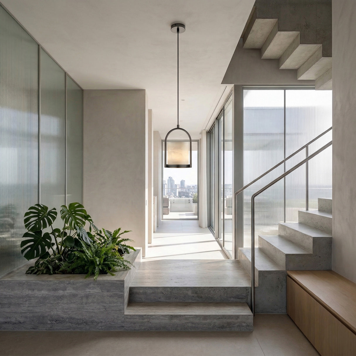 Modern hallway with concrete stairs, glass railings, a Halorin 1 Light Framed Alabaster Single Pendant Light in soft white & matte black, monstera and ferns in a built-in planter, frosted glass walls, and floor-to-ceiling city-view windows.