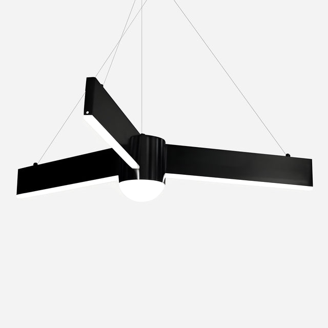 The Fritz LED Suspension Light in black, featuring three straight blades and a cylindrical center, is elegantly suspended by thin wires against a plain white background. This modern ceiling fan boasts a minimalist design with its sleek black finish.