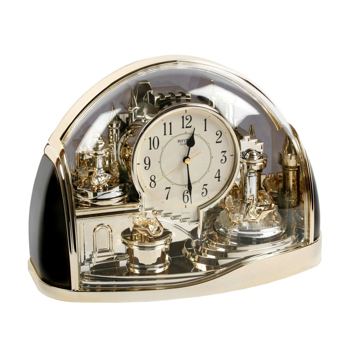 Half Moon Plastic Mantel Clock with Rotating Pendulum - Gold