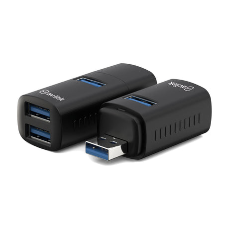 AV:Link 3 Port Mini USB-A Hub shown from two angles in matte black ABS with one USB 3.2 and two USB 2.0 ports and side ventilation slots.